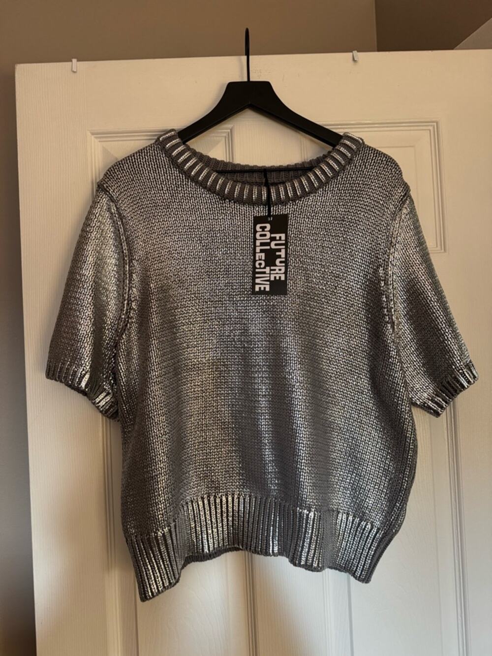 Future Collective Silver Metallic Knit Short-Sleeve Sweater